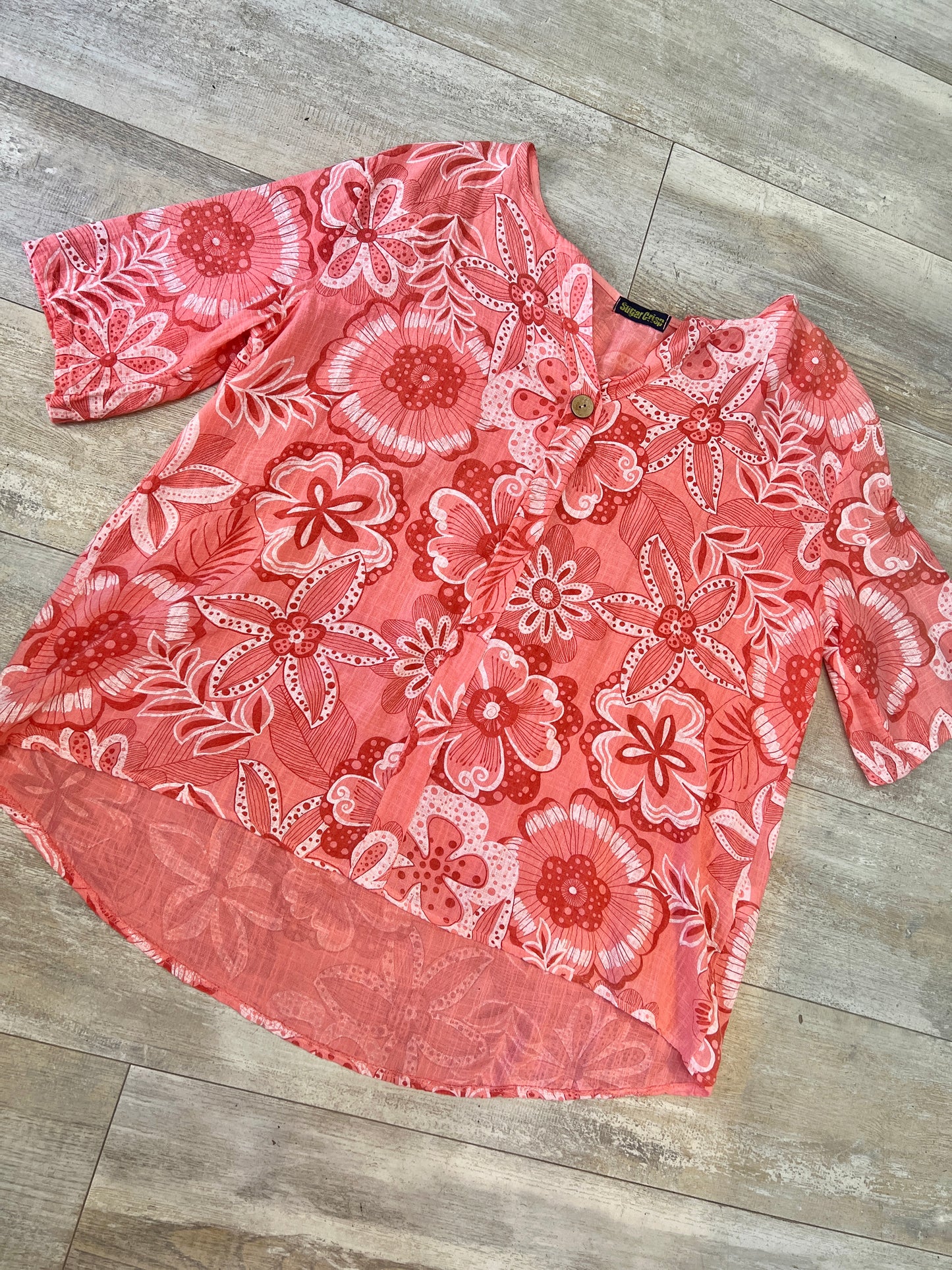 Womens Pink Floral Linen Top