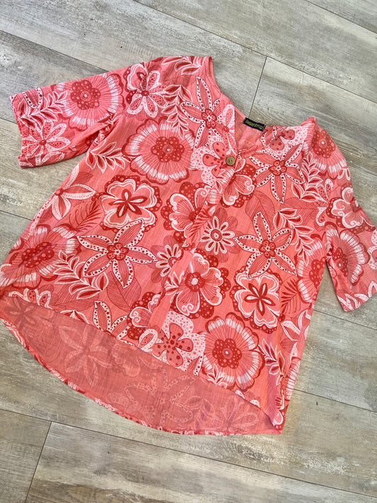 Womens Pink Floral Linen Top